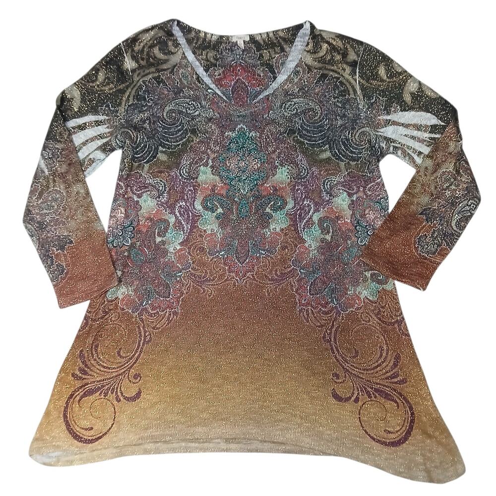 Reba Women’s Top L Large Boho Fairy Paisley Ombre Tunic Shirt Glitter Long